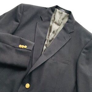David Taylor Blazer 42L All Black Wool Blend Suit Jacket Gold Button Sport Coat